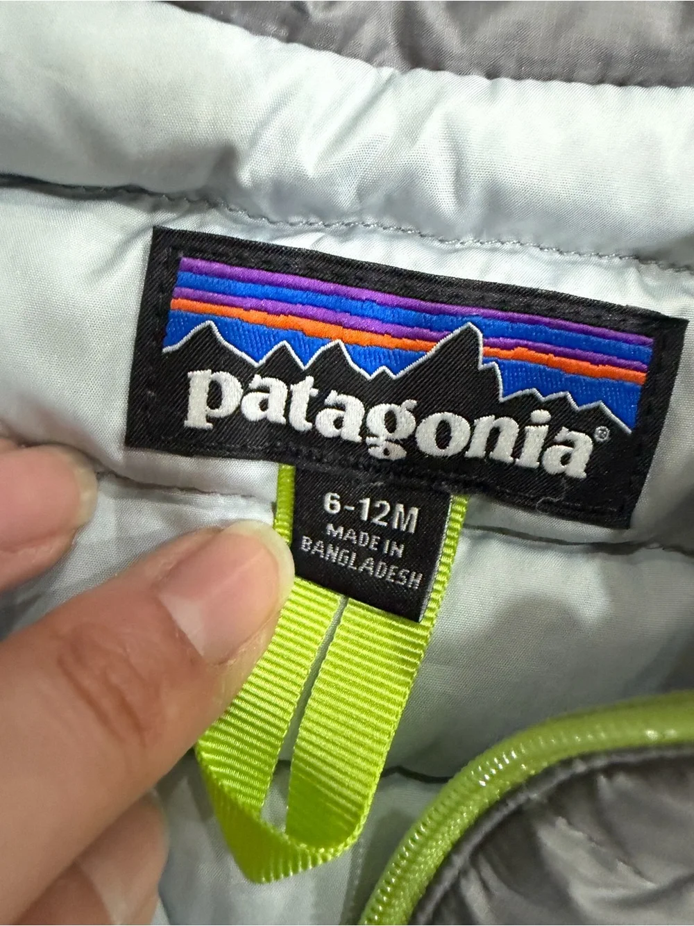Patagonia Kids Gray Puffer Vest with Lime Trim 6 months